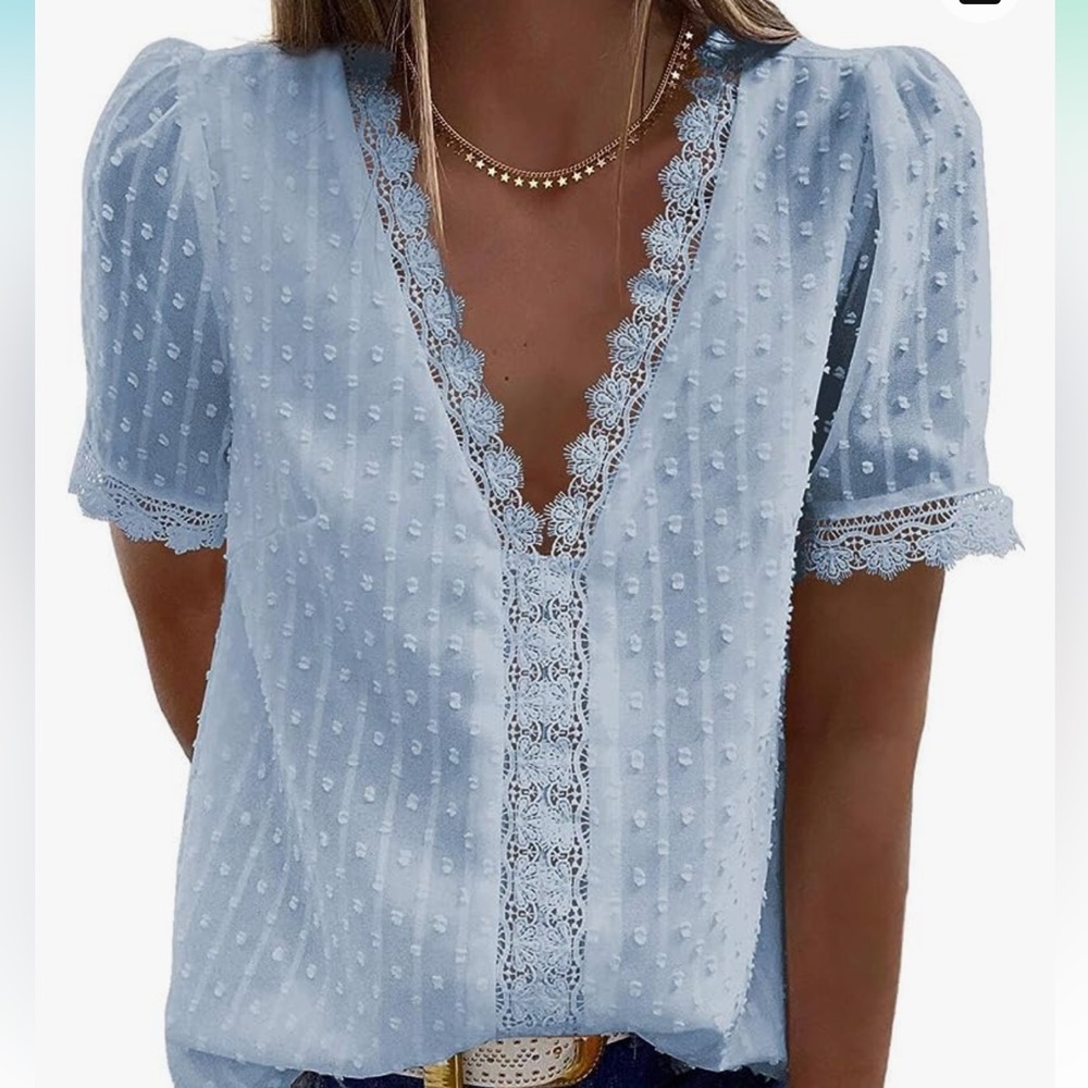 FARYSAYS Womens Summer Lace Tops Short Sleeve V Neck Polka Dot Blouses Shirts